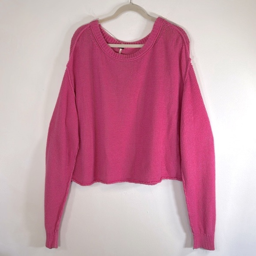 Free People Cropped Oversized Women’s Size L Drop Shoulder Cotton Pink Sweater